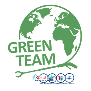 Stylized green logo of the earth featuring a paper picker, the words "Green Team" and the BPRYCS logo